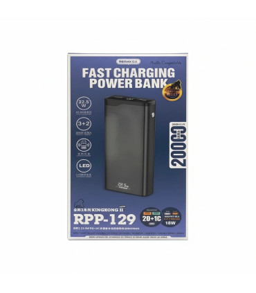 پاوربانک ریمکس  ظرفیت 20000 میلی آمپر مدل RPP-129 , طراحی آینه‌ای نمایشگر, رنگ مشکی